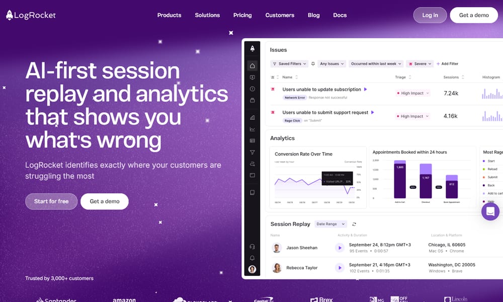 Best Frontend Performance Monitoring Tools 2025: Your Complete Guide to Speed, Errors & User Experience 11 LogRocket — LogRocket session replay dashboard with performance metrics and heatmap analysis for SPAs