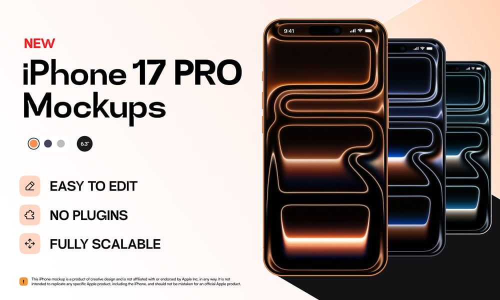 The Best Free iPhone 17 Mockups 17 Figma mockups of iPhone 17 Pro in cosmic orange, deep blue, and silver.
