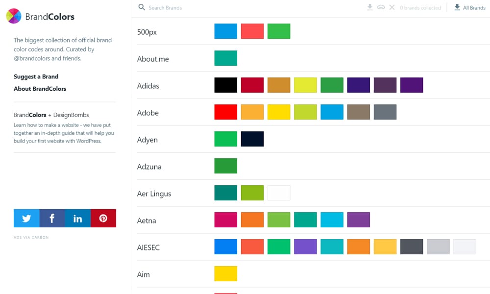 29 Best Color Palette Generator Tools for Designers (2025 Guide) 22 BrandColors list showing official color codes for Facebook, Twitter, etc.