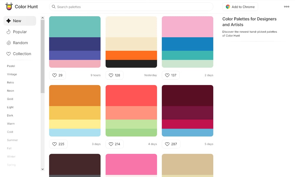 29 Best Color Palette Generator Tools for Designers (2025 Guide) 17 Color Hunt feed showing popular trendy color palettes for design inspiration