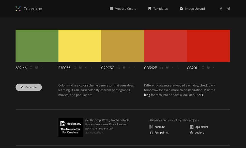 29 Best Color Palette Generator Tools for Designers (2025 Guide) 4 Colormind deep learning generator creating a color scheme from scratch