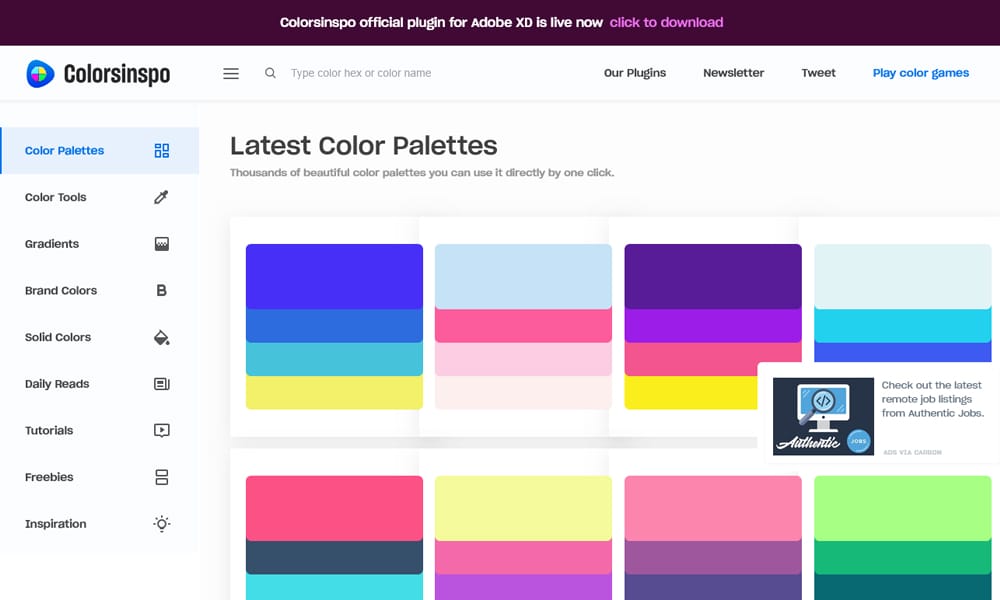 29 Best Color Palette Generator Tools for Designers (2025 Guide) 21 Colorsinspo dashboard featuring palettes, gradients, and brand colors