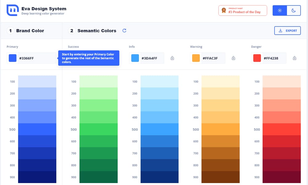 29 Best Color Palette Generator Tools for Designers (2025 Guide) 16 Eva Design System generating semantic success and warning colors for mobile apps