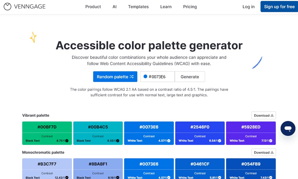 29 Best Color Palette Generator Tools for Designers (2025 Guide) 26 Venngage Accessible Palette Generator showing compliant color pairs