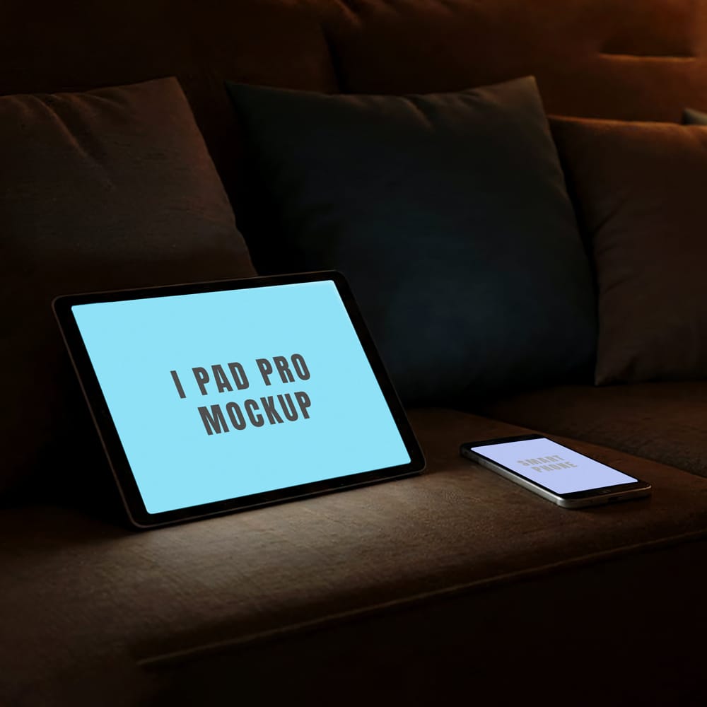 Free Tablet and Phone on Sofa Mockup PSD 1 Free Tablet and Phone on Sofa Mockup PSD