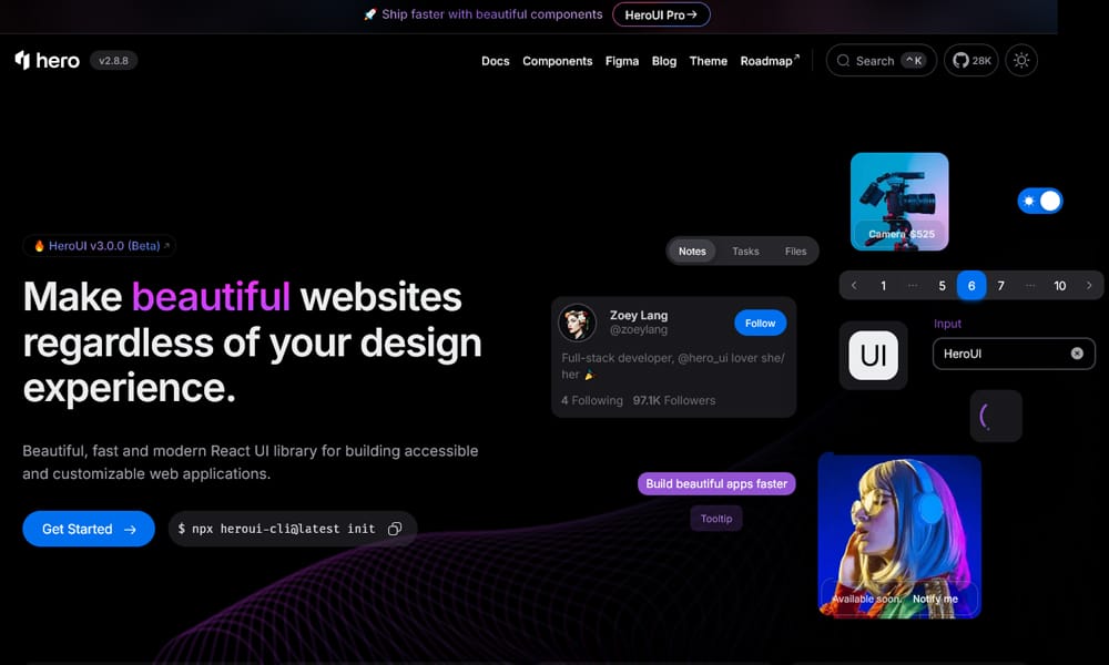 Best UI Libraries for React Server Components in 2026 5 HeroUI showing modern React component library with Tailwind variants