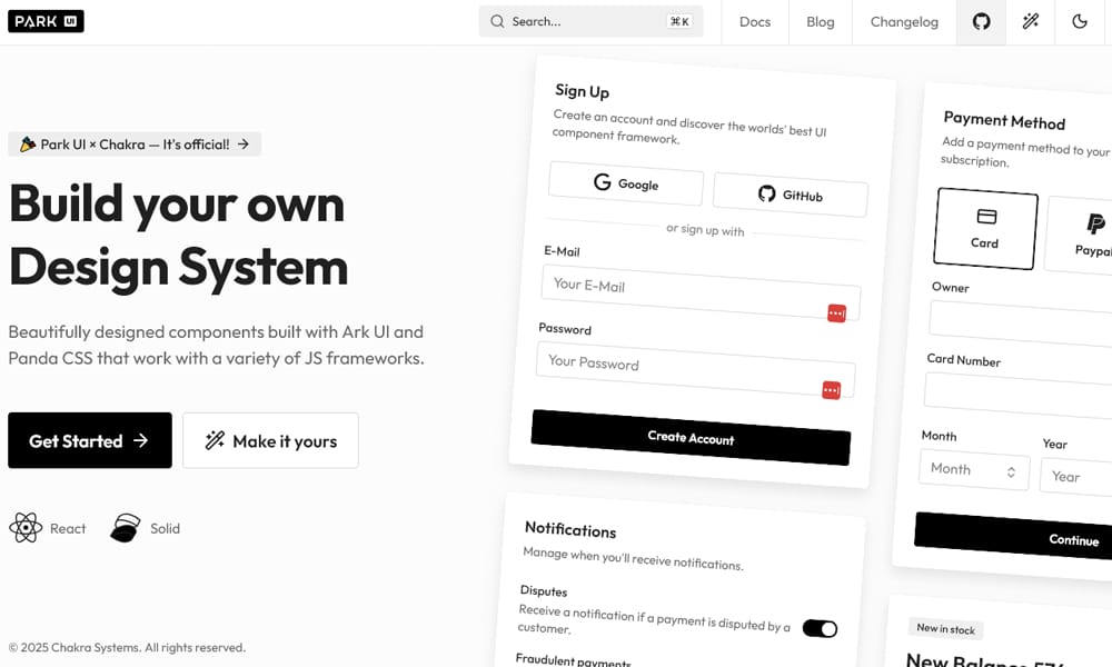 Best UI Libraries for React Server Components in 2026 3 Park UI showing components built on Ark UI primitives across React, Vue, and Solid