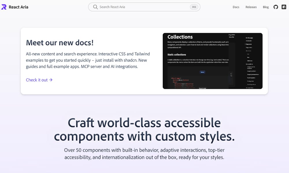 Best UI Libraries for React Server Components in 2026 14 React Aria Components showing accessibility-first headless component library from Adobe