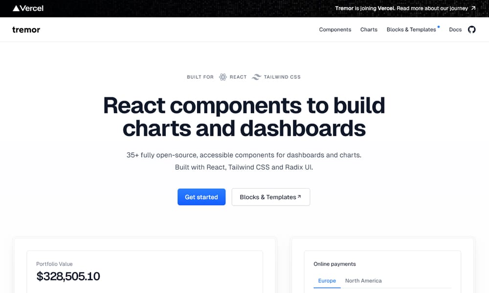 Best UI Libraries for React Server Components in 2026 15 Tremor showing dashboard components with charts, KPIs, and data visualizations