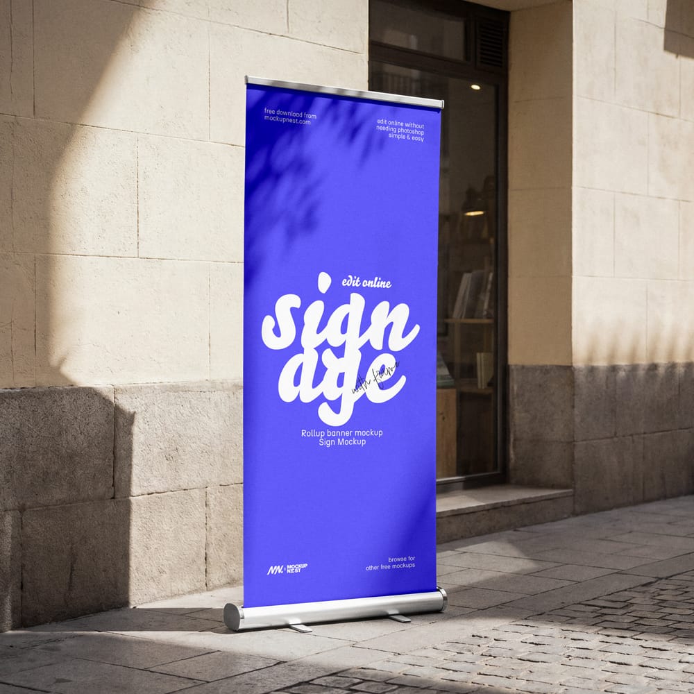 Free Outdoor Roll-Up Banner Mockup with Leaf Shadow PSD 1 Free Outdoor Roll-Up Banner Mockup with Leaf Shadow PSD