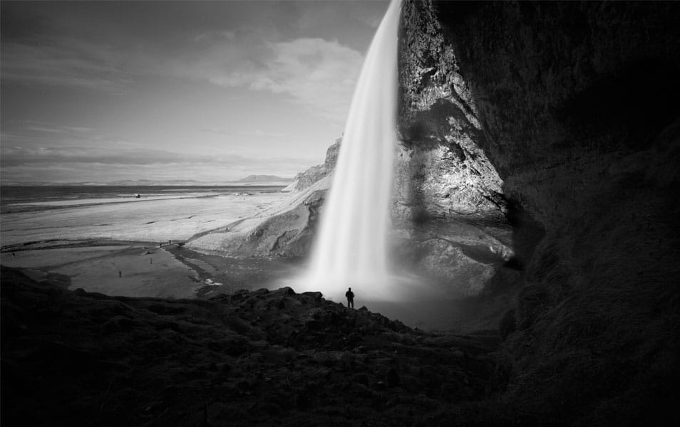 Seljalandsfoss waterfall bw