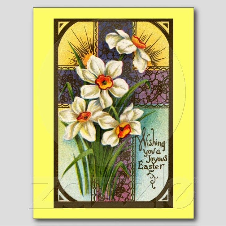 Daffodils and Cross Vintage Easter Postcard