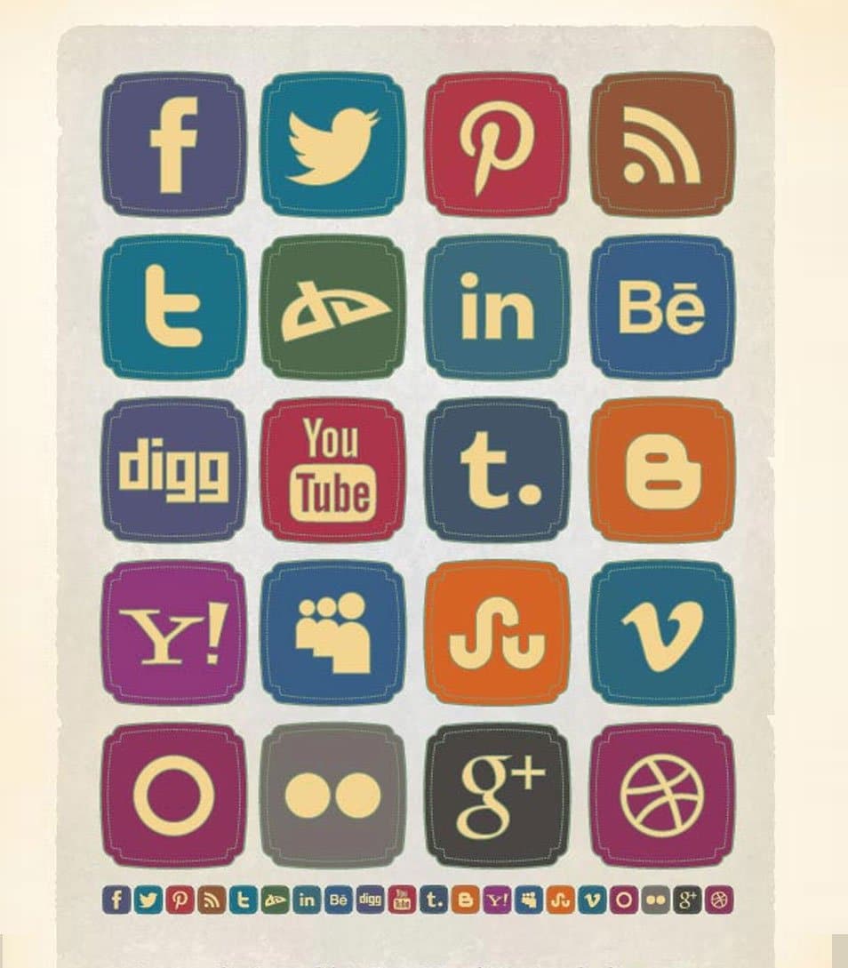 20 Free Retro Style Social Media Icons Set (256 x 256 PNG)