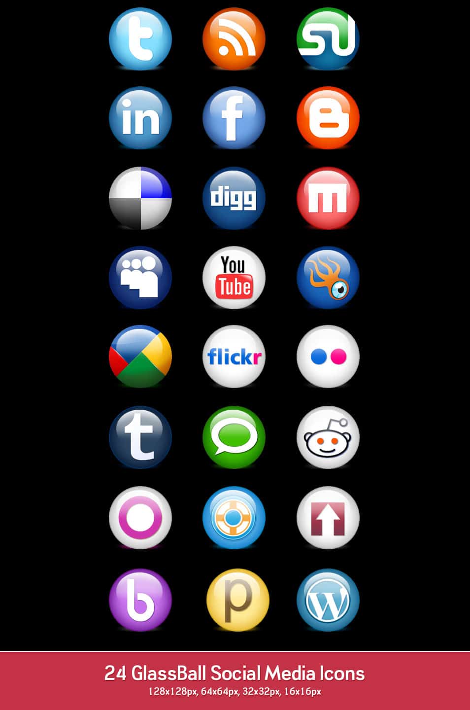 24 glossy social media icons