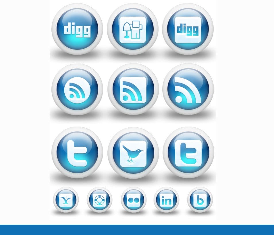 3D Glossy Blue Color Social Media Bookmarking Icons