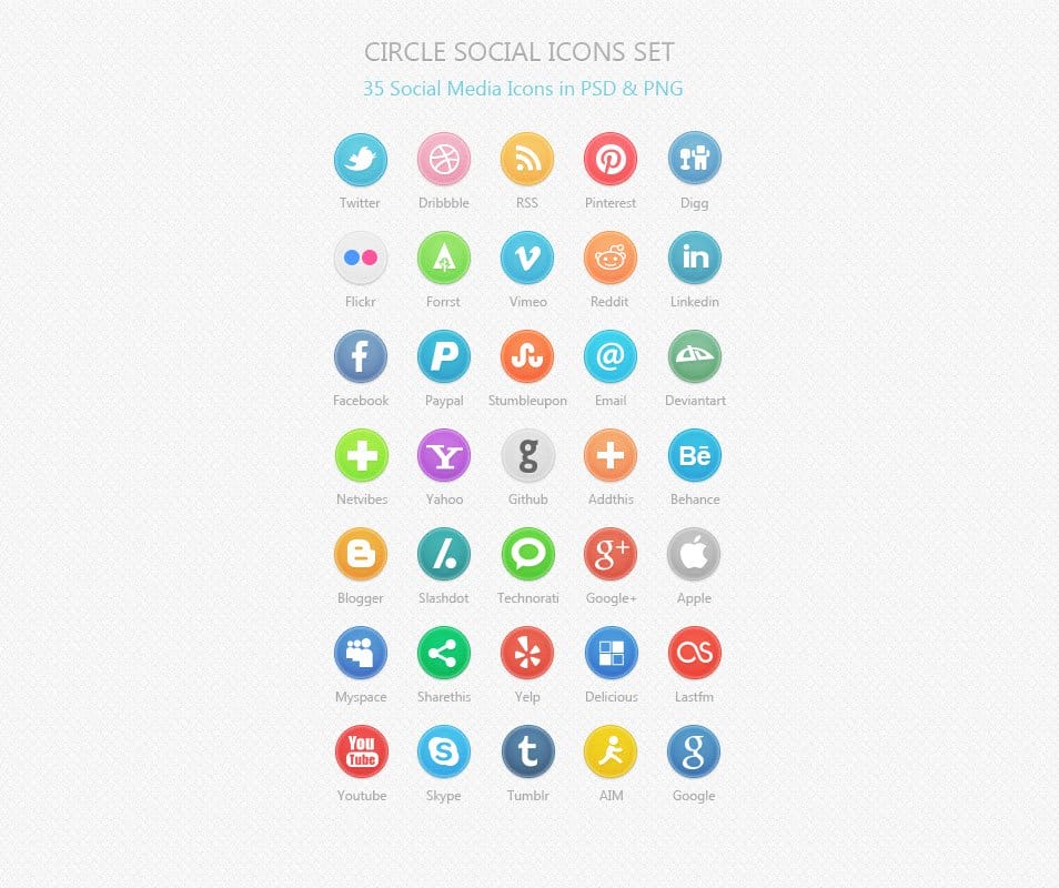 Circle Social Icons Set: 35 Social Media Icons PSD