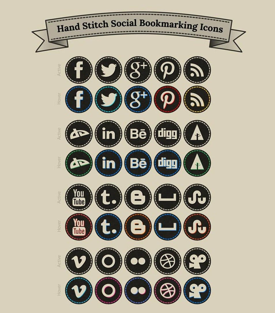 Free Hand Stitch Social Bookmarking Icons Set