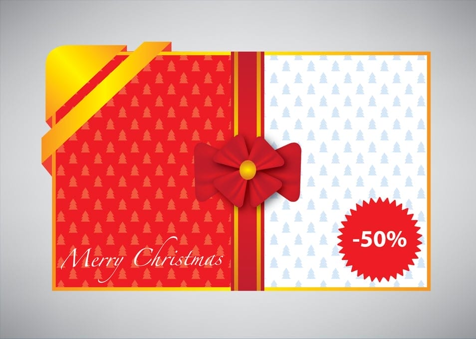 Merry Christmas card with gift ribbon