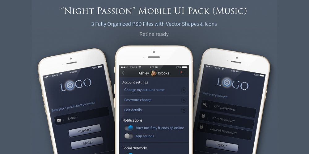 Night Passion Phone Mobile App UI kit PSD