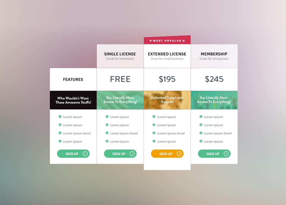 Free Pricing Table PSD