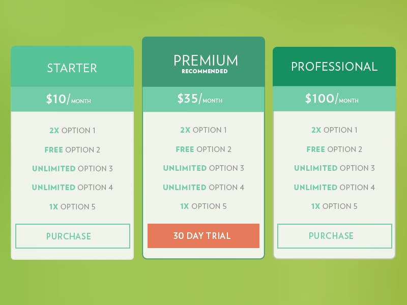 Free Pricing Tables PSD