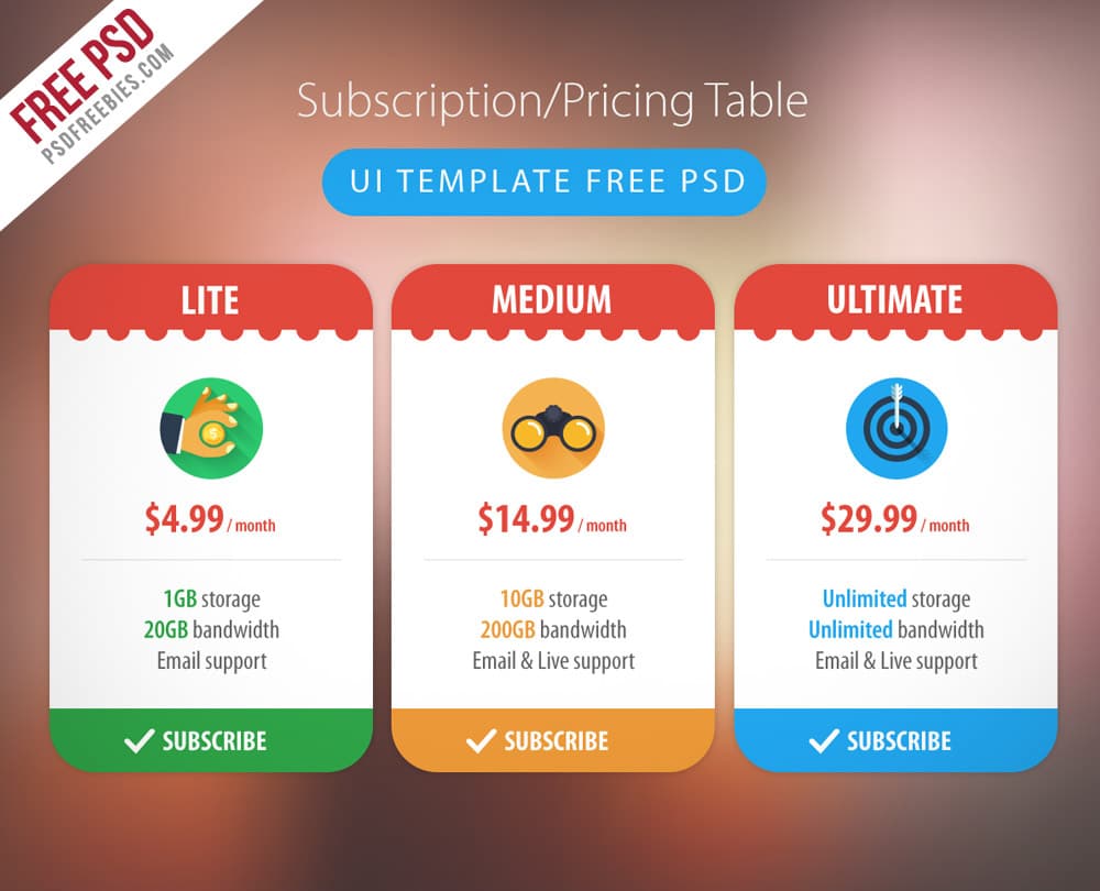 Subscription Pricing Table UI PSD