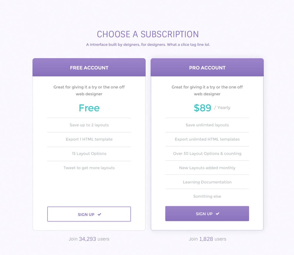 clean pricing table psd 