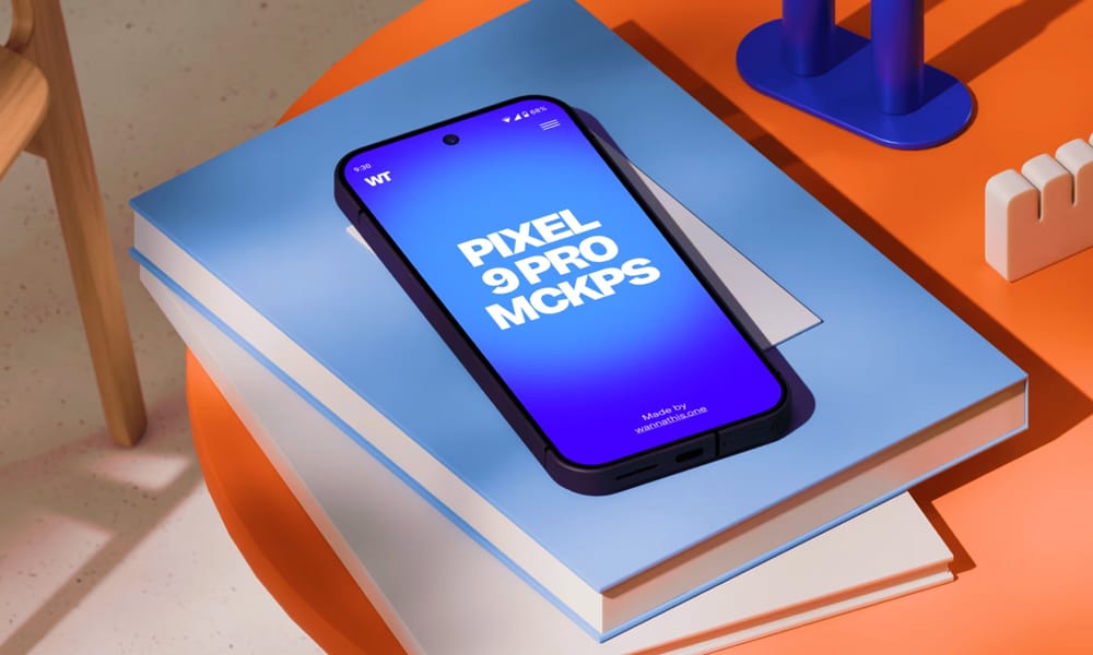 Free Google Pixel Phone Mockup on Books PSD