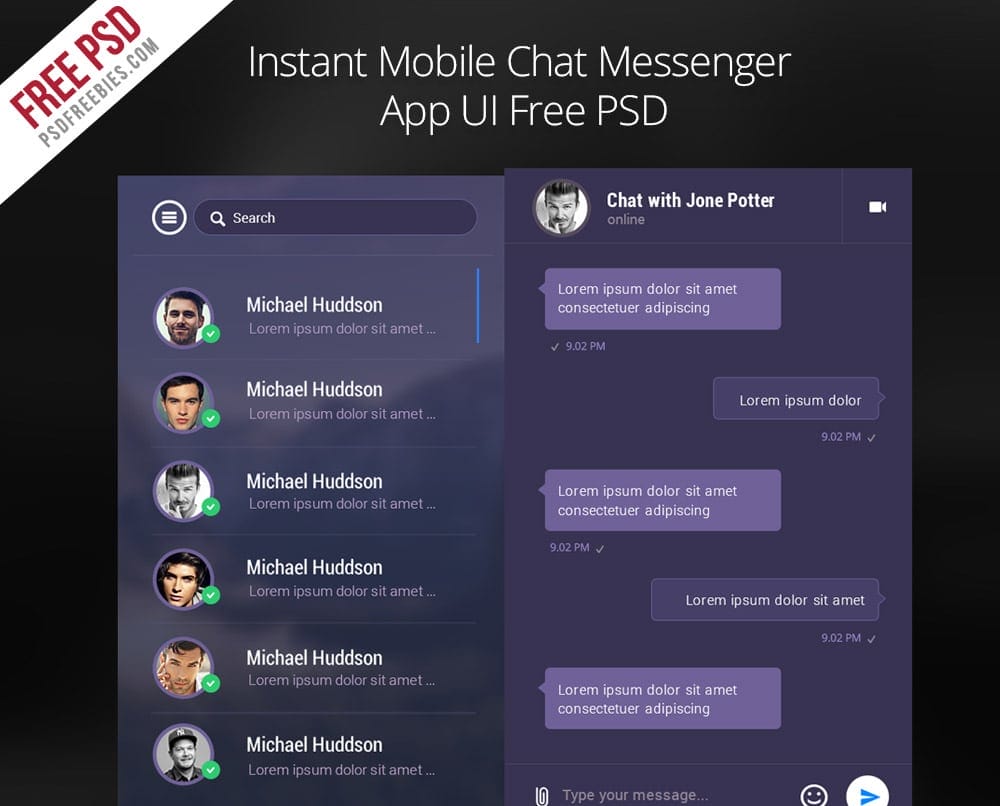 Instant Mobile Chat Messenger App UI PSD