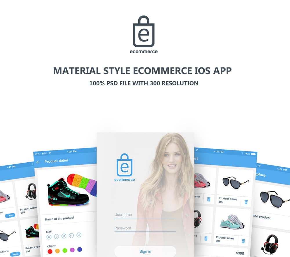 Material style eCommerce App UI PSD for iOS