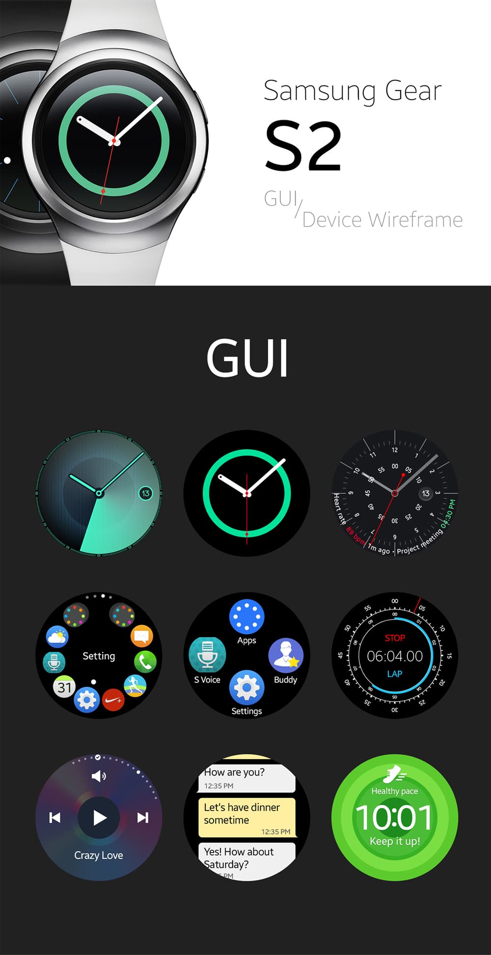 Samsung Gear S2 GUI and Device Wireframe PSD