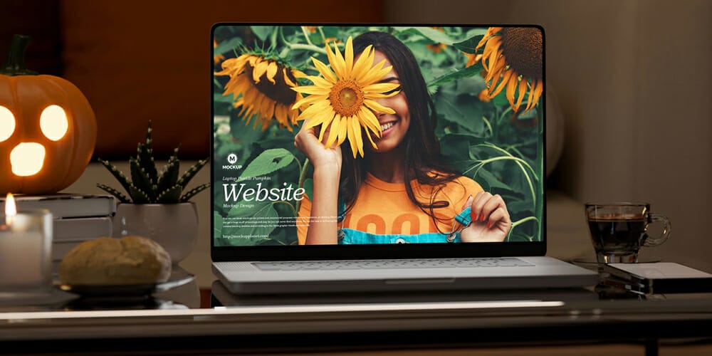 Laptop Beside Pumpkin Website Mockup Design