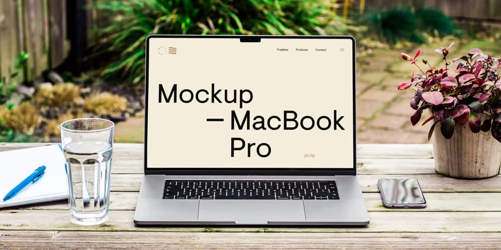 MacBook Pro on Wood Desk Mockup