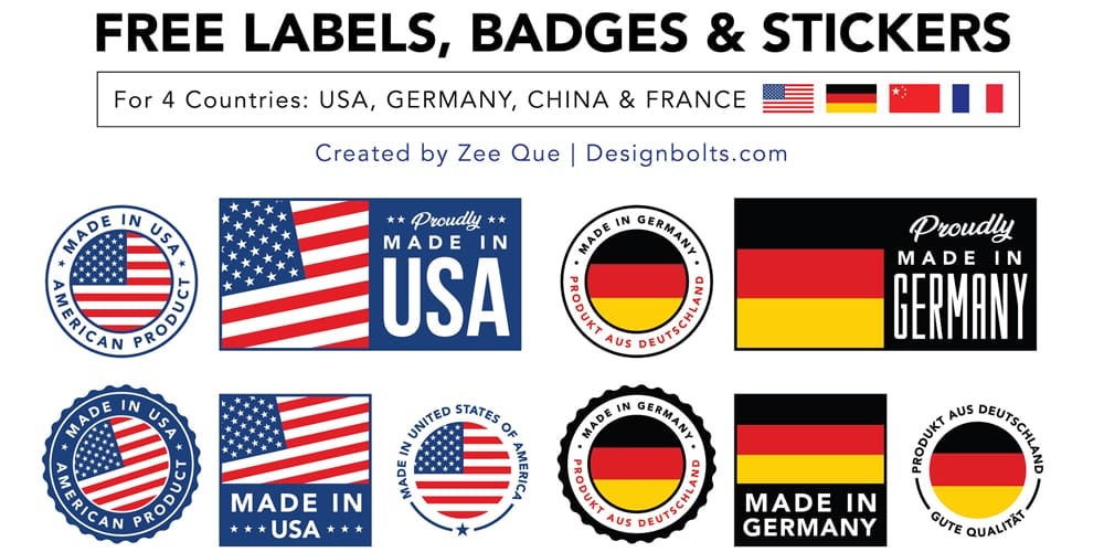 Made in USA, Germany, China & France Labels, Badges & Stickers