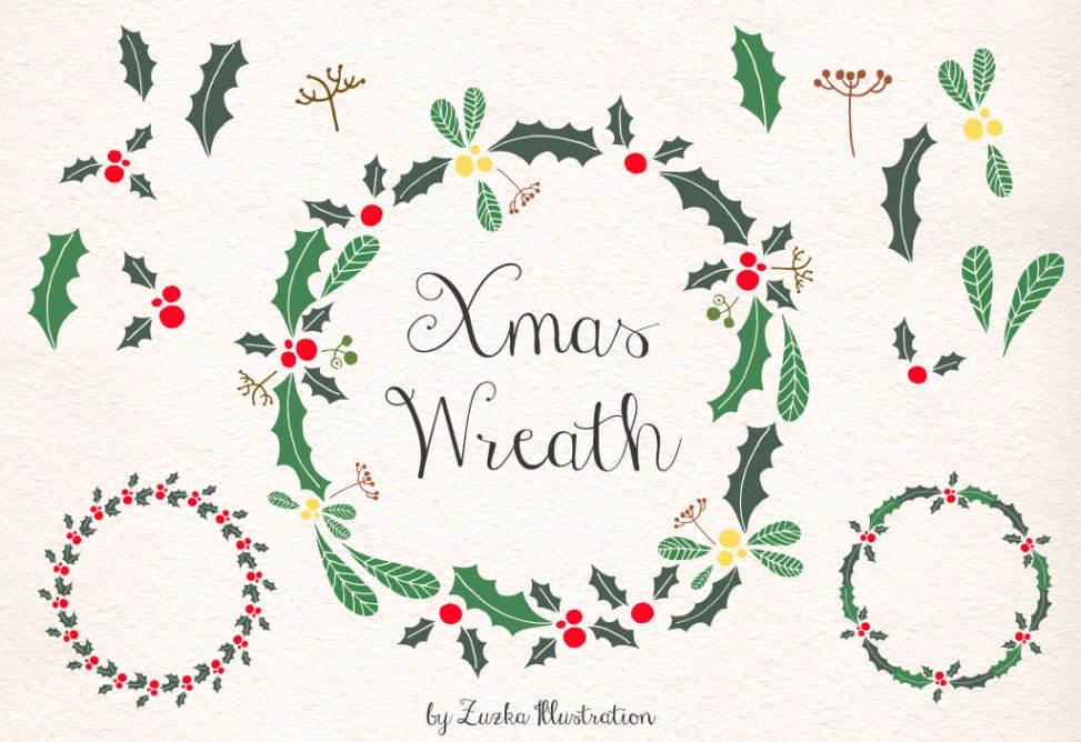 Free Christmas Wreath Holly Vector and Xmas Digital Clip Art