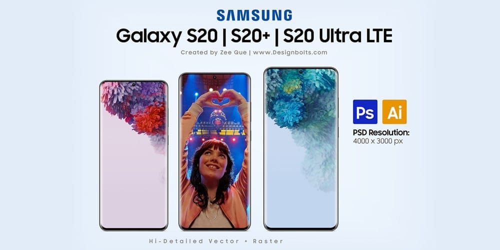 Samsung Galaxy S20, S20+, S20 Ultra 5G LTE Mockup PSD