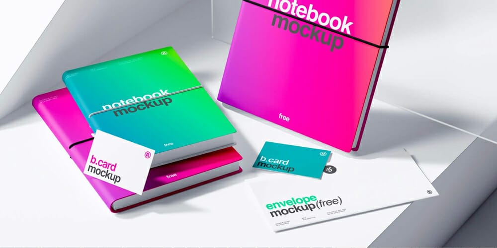 3 Notebook and Business Cards with Envelope Mockup