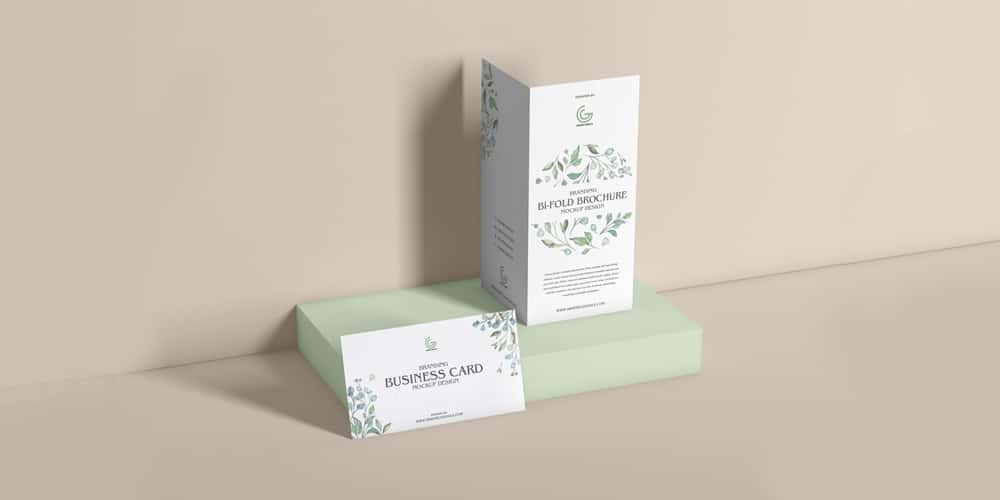 Bi-Fold Brochure With Business Card Mockup Design