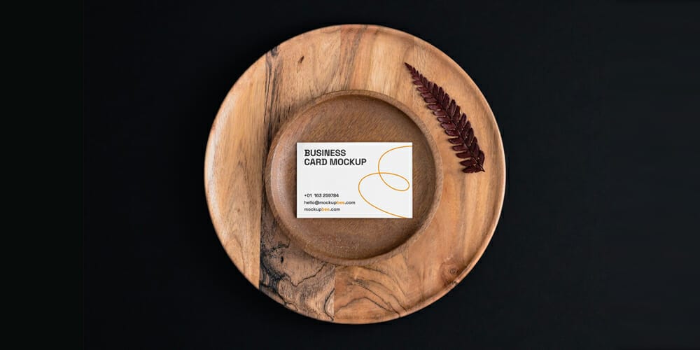 Business Card on Wooden Plate Mockup