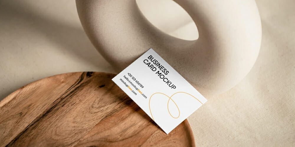 Business Card with Wooden Plate Mockup