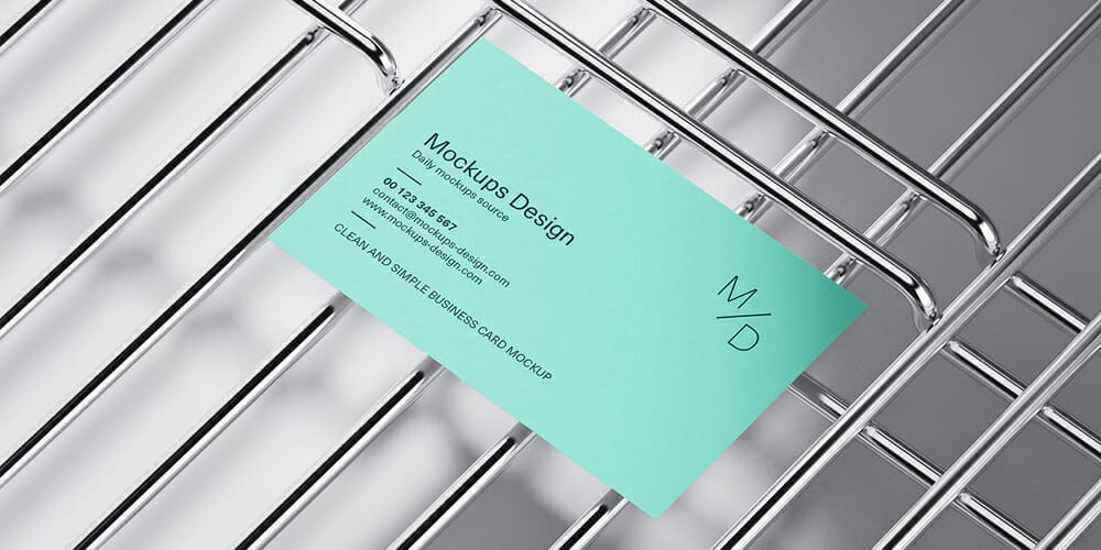 Business Cards on Metal Grid Mockup