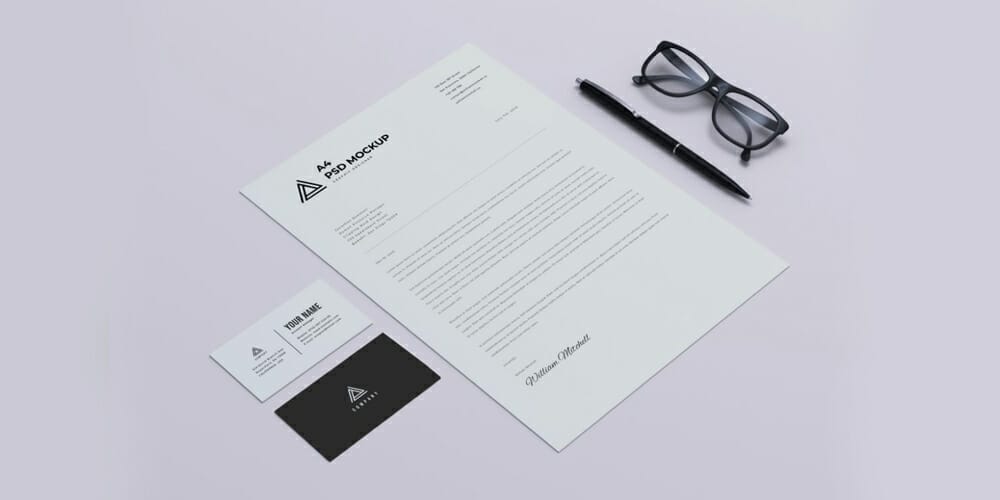 Letterhead with Glasses and Business Cards Mockup