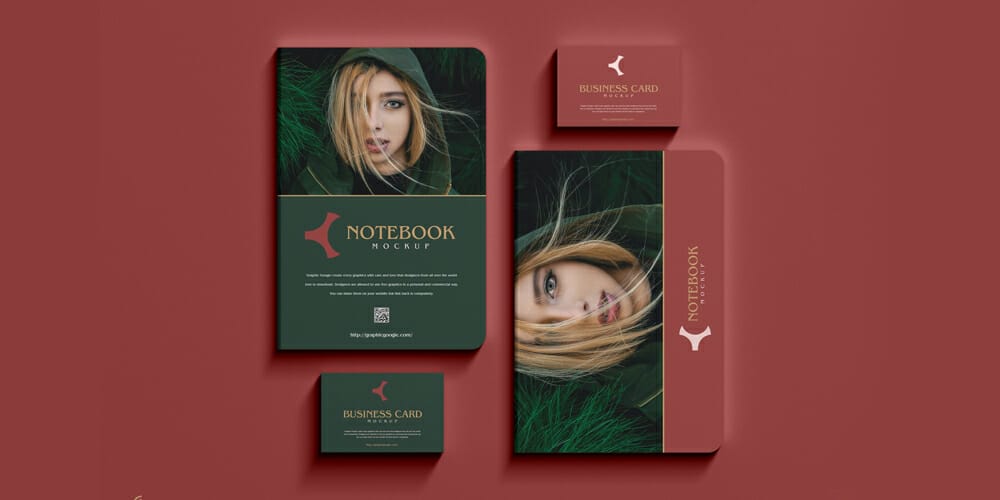 Notebook With Business Card Mockup