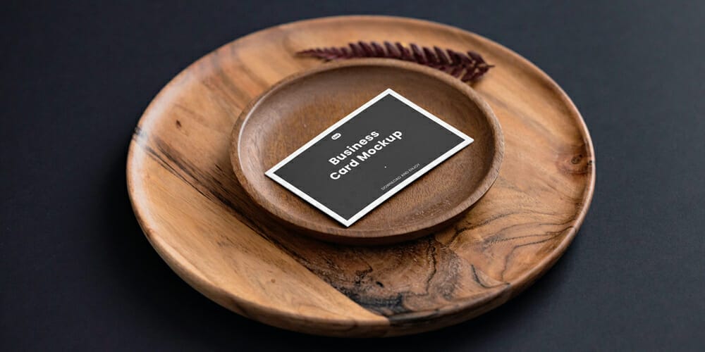 Perspective Business Card on Wooden Plate Mockup