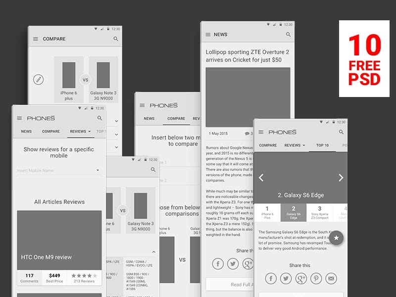 Material Design Wireframes PSD for Phones Reviews