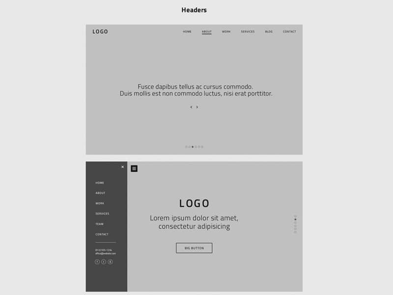 One Page Website Wireframes PSD