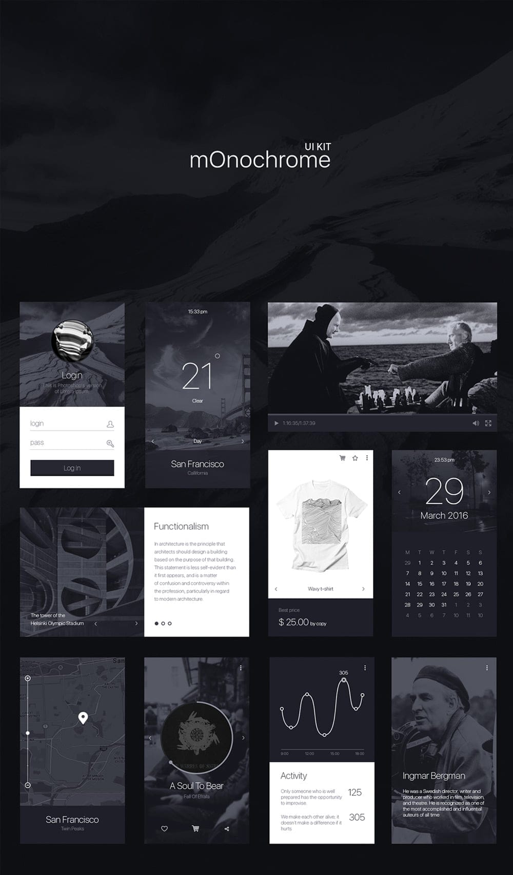 Monochrome UI Kit PSD