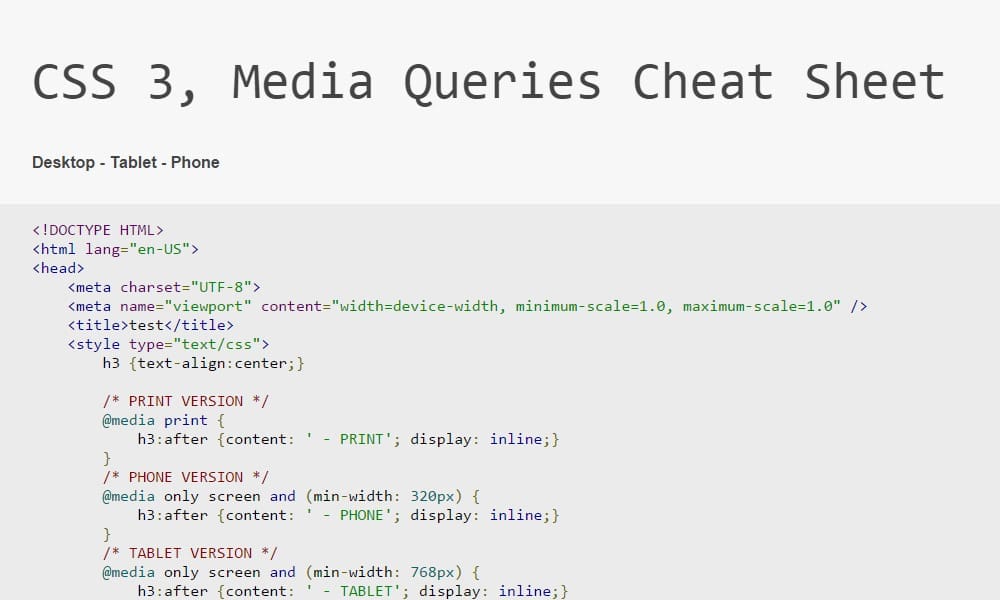 CSS 3, Media Queries Cheat Sheet
