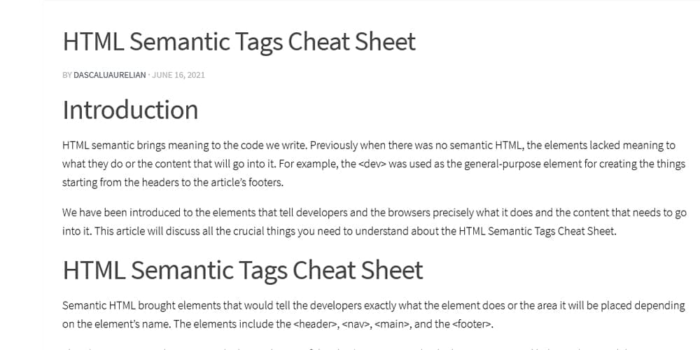 HTML Semantic Tags Cheat Sheet