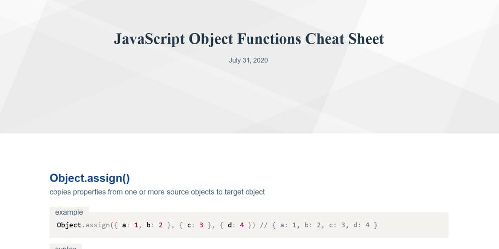 JavaScript Object Functions Cheat Sheet